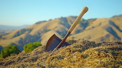 Rustic shovel rests in hay pile against hills