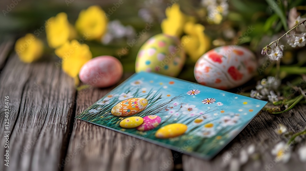 Poster assorted decorative easter eggs on a rustic table with spring flowers and a vibrant postcard : gener