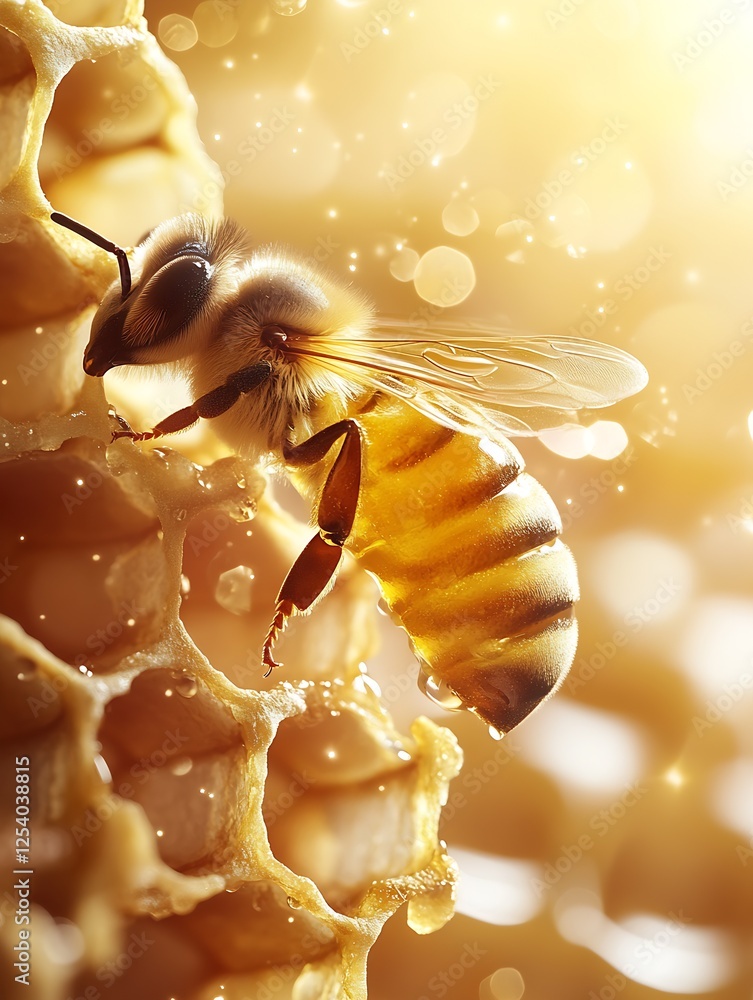 Poster close up of a honeybee collecting nectar from honeycomb against a mesmerizing golden background : ge