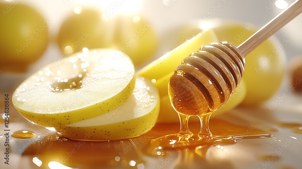 Poster delectable honey drizzling over fresh apple slices with glowing background : generative ai