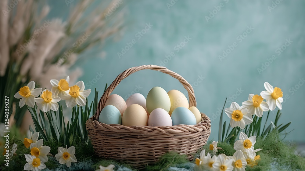 Poster charming display of pastel easter eggs in a rustic woven basket nestled among blooming flowers and l
