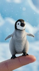 Fototapeta premium Cute baby penguin, miniature, standing on human finger, fluffy feathers, realistic details, snowy background, blue sky, bokeh effect, adorable pose, macro photography, high contrast, winter scene, mag
