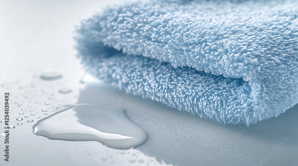 Poster a luxurious blue towel resting on a smooth surface with water droplets promoting a sense of cleanlin