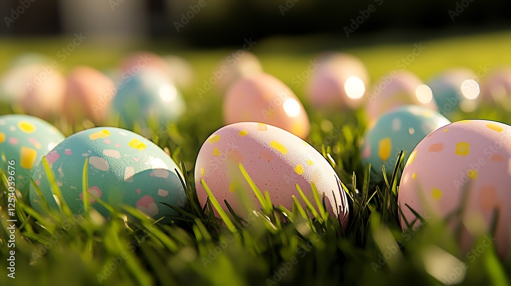 Poster colorful painted easter eggs nestled in lush green grass creating a cheerful spring scene : generati