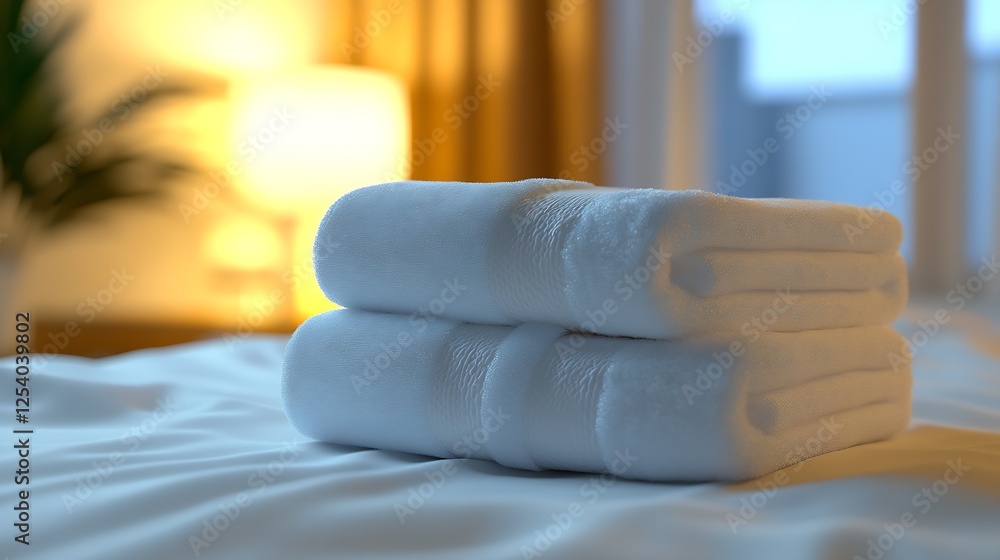 Poster luxurious white towels neatly arranged on a bed bathed in soft warm lights for relaxation : generati