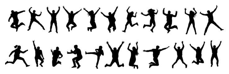 Silhouettes of jumping people jumping in various poses, set. Vector illustration