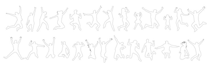 Contour of jumping people in various poses in full growth, set. Vector illustration