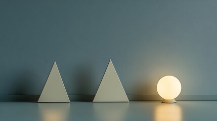 Minimalist pyramids, glowing lamp, room