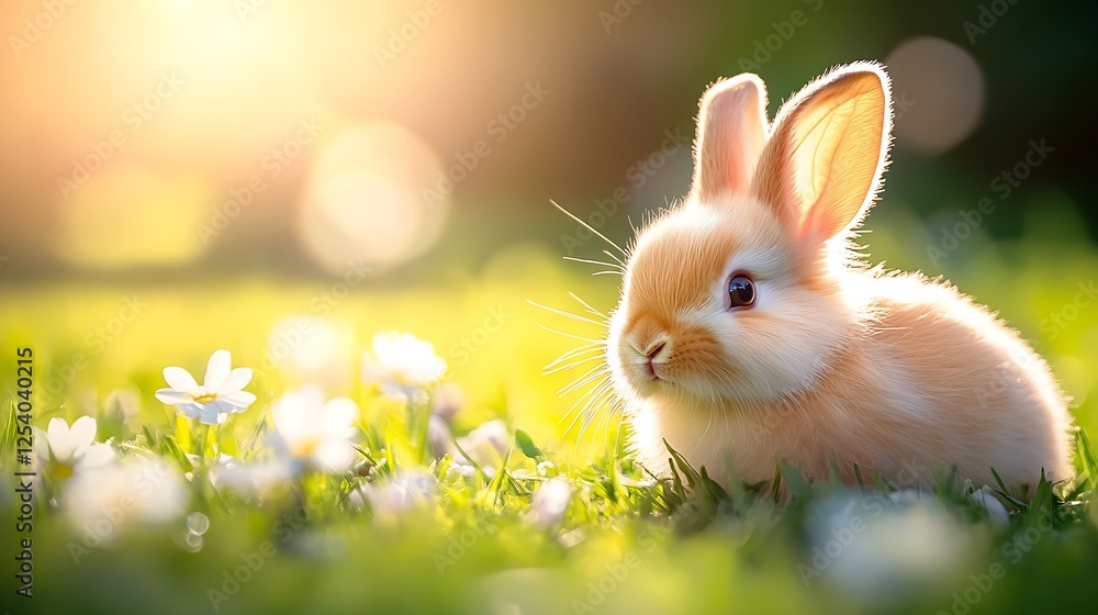 Poster little fluffy rabbit basking in the glow of sunlight surrounded by delicate daisies in a garden : ge