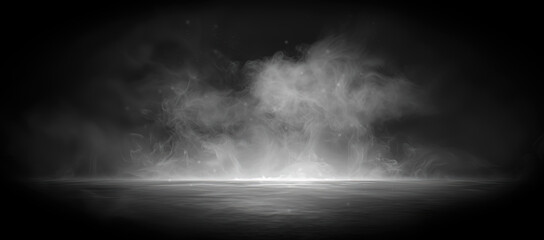 Dramatic dark bold white fog smoke mist swirling background glowing scary creepy spotlight floating dust particles on reflective ground. High style cinematic studio product photography backdrop