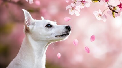 Obraz premium White dog with cherry blossoms and falling petals