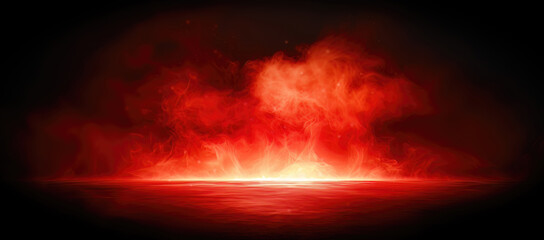 Dramatic dark bold red smoke misty fire colorful background, glowing flame spotlight highlight and floating dust particles on reflective ground. Cinematic studio product photography backdrop