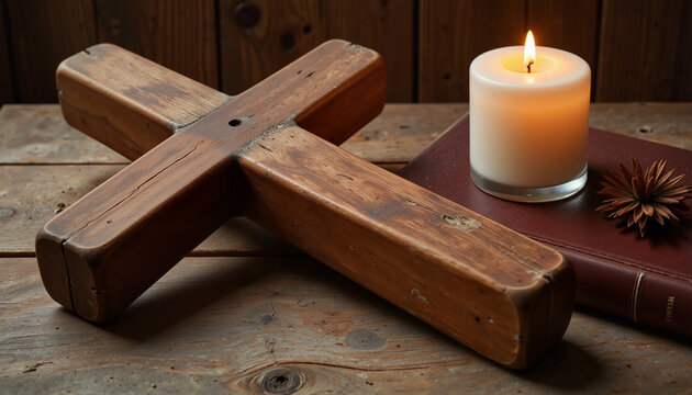Vintage wooden cross and Bible illuminated by candlelight, spiritual reflection - Powered by Adobe