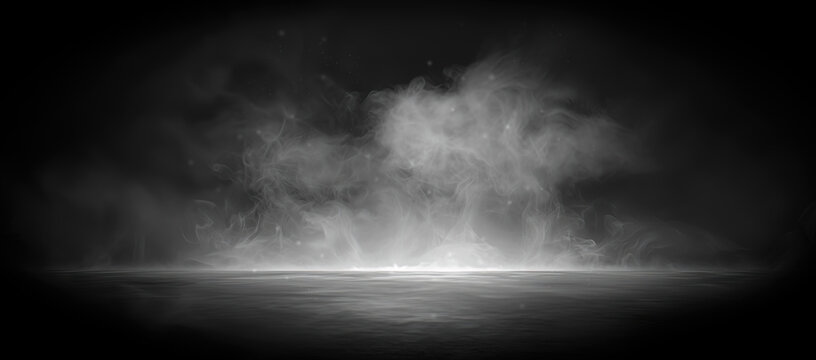 Dramatic dark bold white fog smoke mist swirling background glowing scary creepy spotlight floating dust particles on reflective ground. High style cinematic studio product photography backdrop