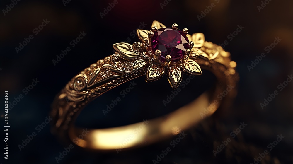 Poster sophisticated gold ring with a vibrant ruby and intricate leaf details for a timeless appeal : gener