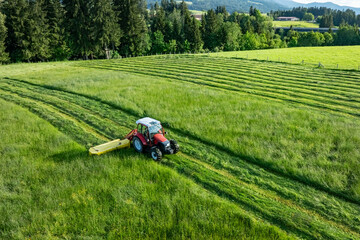 Grünfuttergewinnung im Allgäu  - Traktor mit Mähwerk  beim Gras mähen, Luftaufnahme.