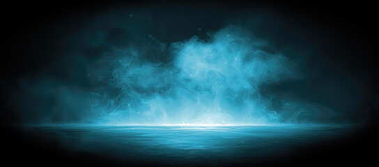 Fototapeta premium Dramatic dark bold blue smoke misty swirling colorful background, glowing arctic ice spotlight highlight and floating dust particles on reflective ground. Cinematic studio product photography backdrop