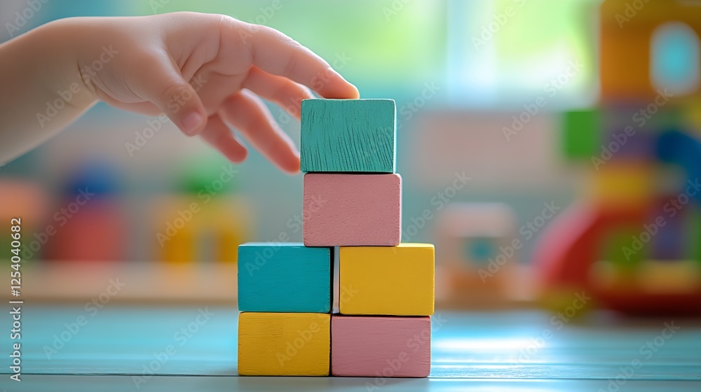 Poster Child's Hand Reaching for Colorful Wooden Blocks Stacked in a Playful Environment : Generative AI