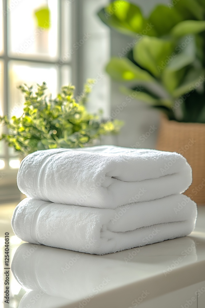 Poster bright and fresh white towels stacked on a bathroom counter surrounded by lush greenery for a tranqu