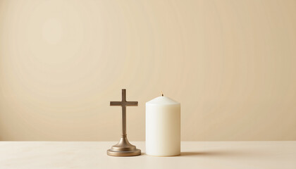 Minimalist candle and cross on soft background, spiritual reflection