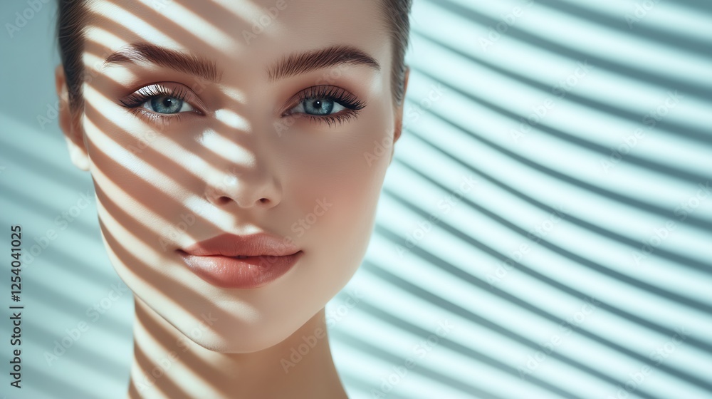 Poster radiant woman portrait featuring bright blue eyes and mesmerizing shadows creating depth and texture
