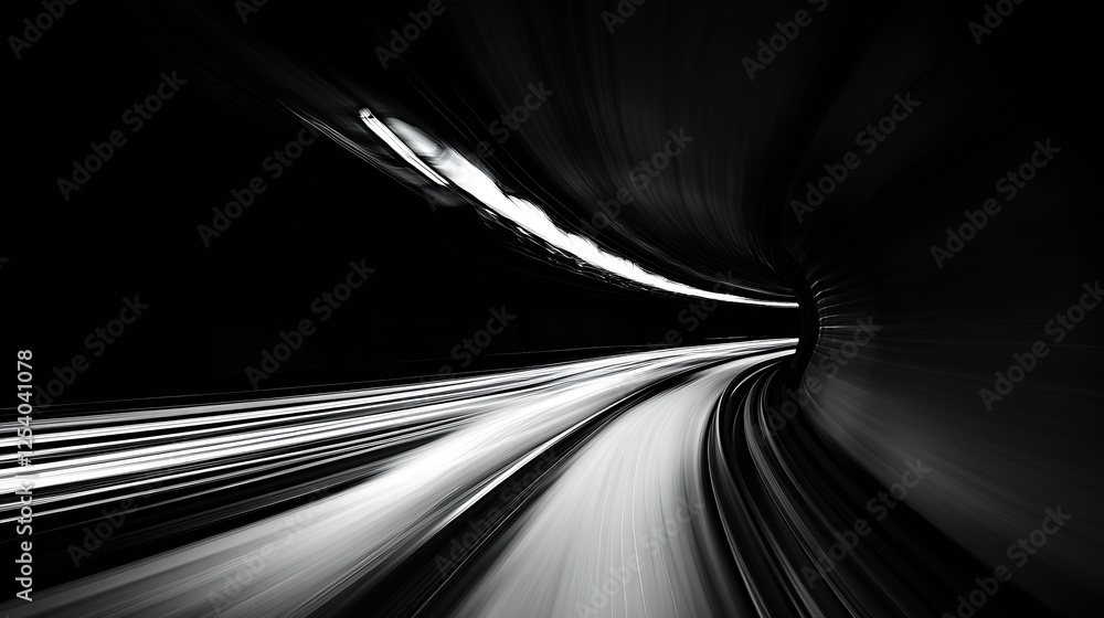 Poster Captivating Black and White Image of a Curved Tunnel with Dynamic Motion Blurred Lights : Generative AI