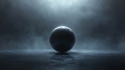 Large sphere rests upon a reflective surface in misty light