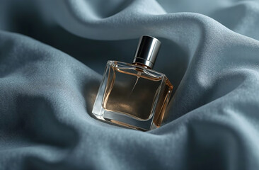 Mockup Clear Glass Packaging Perfume Bottle in gray fabric. AI Generative