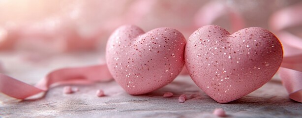 Obraz premium Soft Pink Hearts with Satin Ribbon for a Romantic Touch