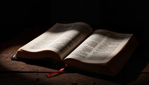 Illuminated Bible with red ribbon in dark room, Maundy Thursday symbolism