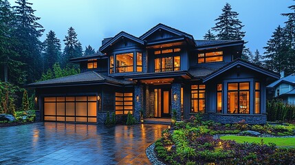 Luxury home twilight forest landscaping driveway