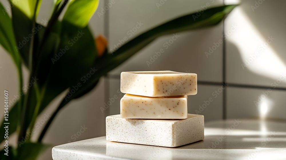 Poster Thoughtfully arranged collection of natural soap bars resting on a smooth countertop with a soft green backdrop : Generative AI