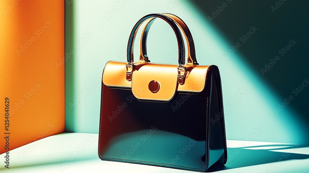 Poster close up of a stylish handbag featuring unique design elements and vivid color contrast : generative