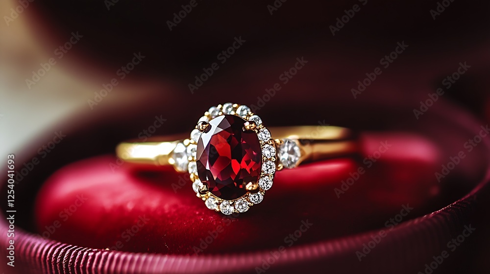 Poster Charming golden ring adorned with a ruby gemstone surrounded by shimmering diamonds : Generative AI