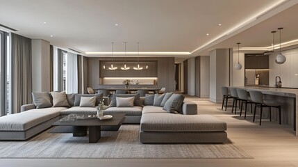 Modern living room in gray tones, hall, open space with parquet oak floor with steps, sofa, carpet and coffee tables, dining table with chairs and lamps, minimal interior design, 3d illustration