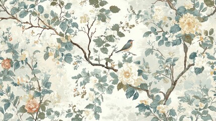 Serene Roman wallpaper featuring a forest garden with intricate floral patterns and birds