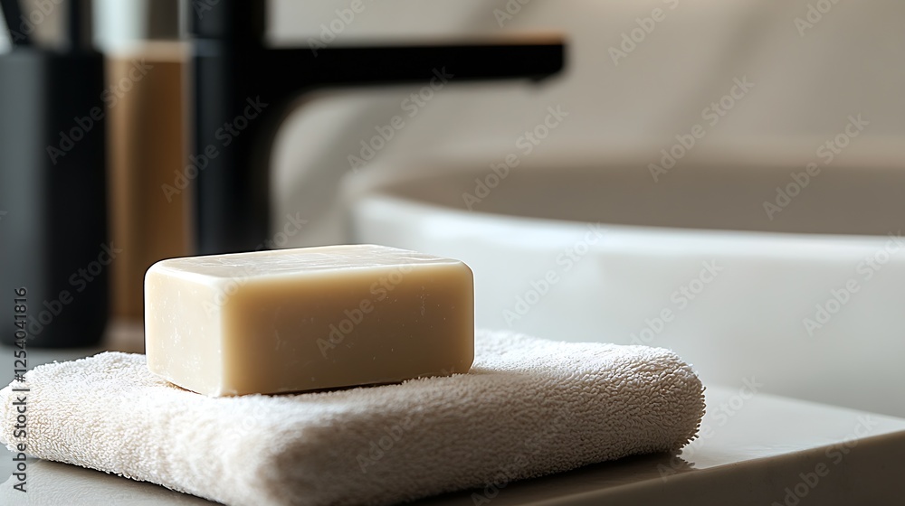 Poster elegant bar of soap resting on a plush towel in a sleek bathroom decor : generative ai