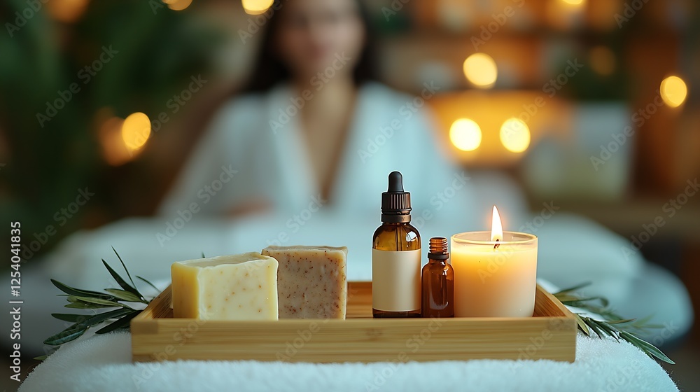 Poster Tranquil spa arrangement of various soaps essential oils and candles creating a calming atmosphere : Generative AI