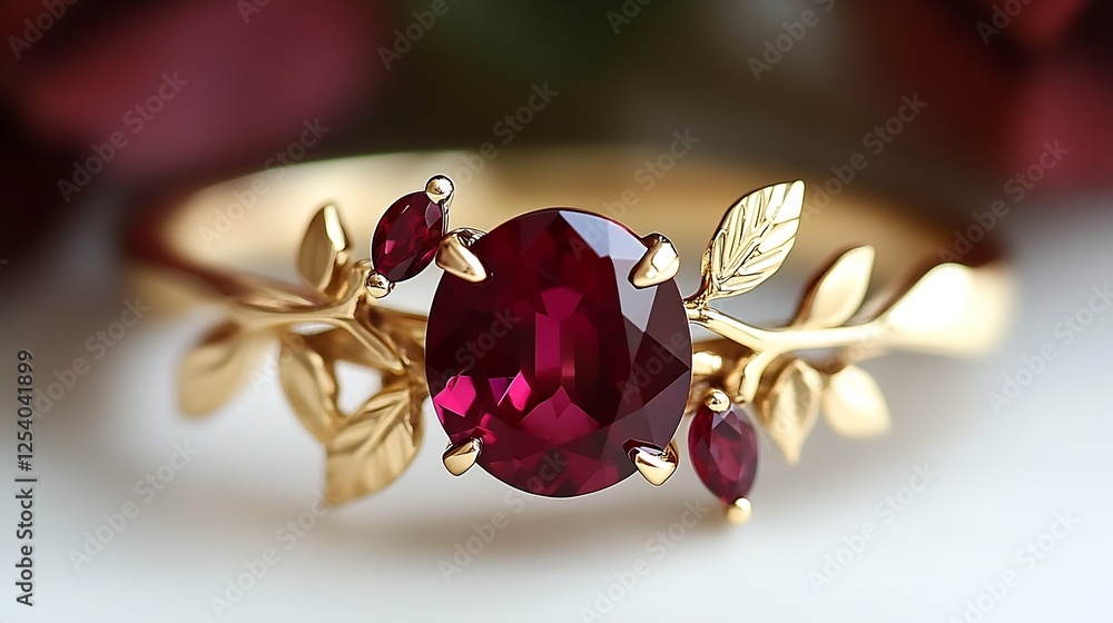 Poster dazzling gold ring featuring a rich ruby surrounded by intricate leaf details ideal for special occa