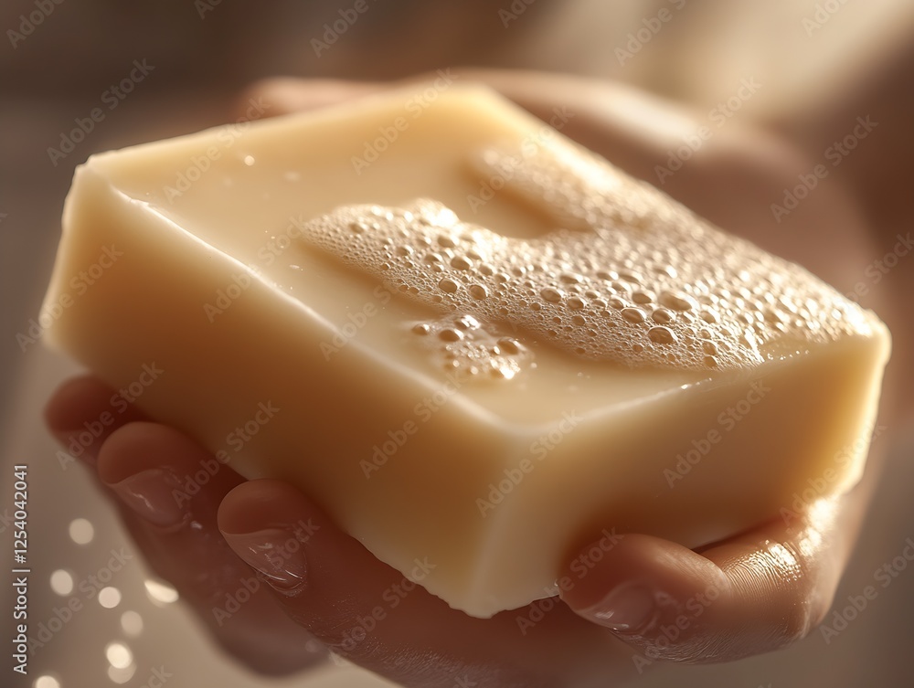 Poster fresh soap bar in hand with visible creamy bubbles radiating cleanliness and hydration : generative 
