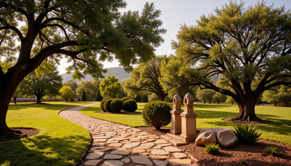 Obraz premium Serene stone path through tranquil garden with olive trees, nature's peace