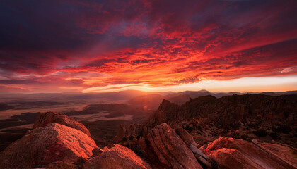 this striking image shows a dramatic red sky over a rugged landscape during sunset symbolizing awe and the power of nature