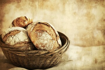 Vintage bakery poster: freshly baked bread in a rustic basket, retro typography, warm sepia tones, grainy texture,