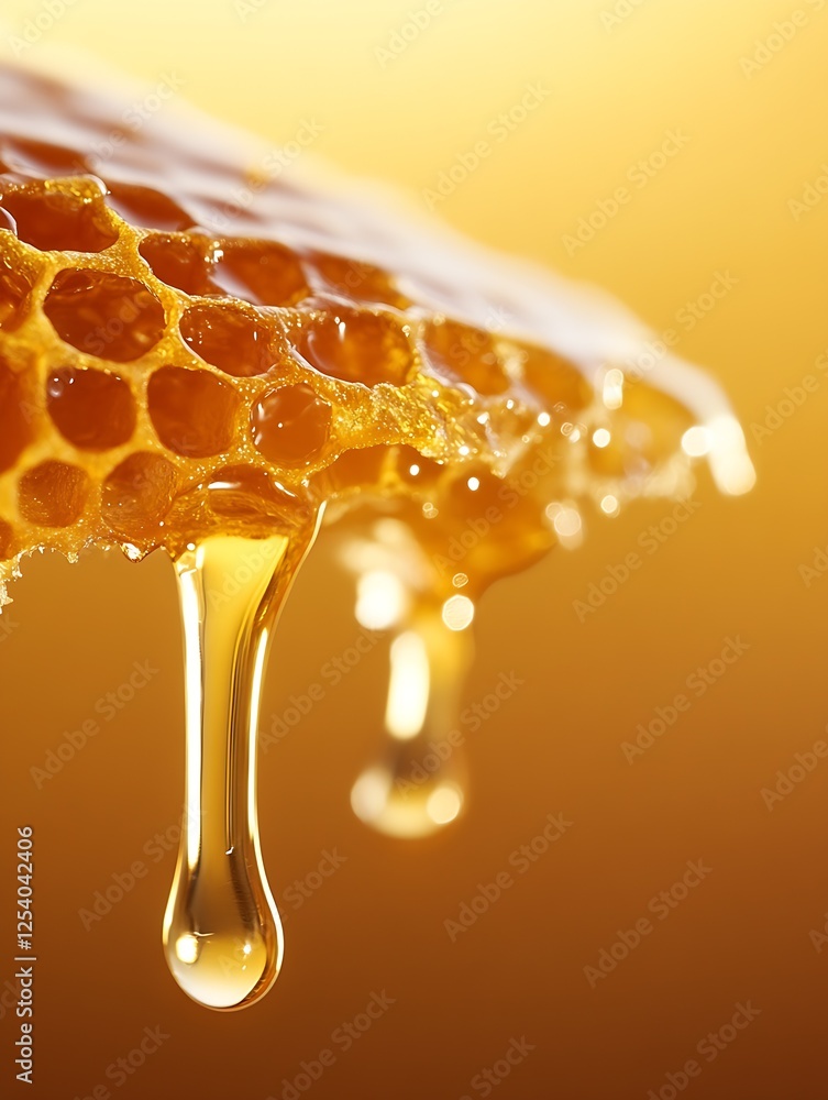 Poster close up view of honeycomb with honey dripping in a beautiful warm light : generative ai