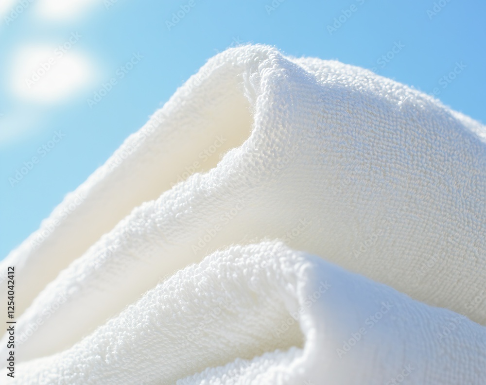 Poster close-up of soft white towel with a beautiful sky backdrop showcasing luxurious comfort : generative