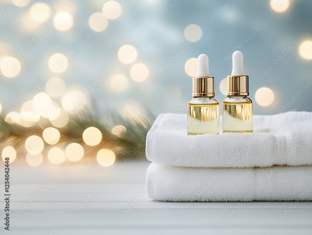 Poster two elegant glass bottles of essential oil positioned on fluffy towels with a dreamy background boke