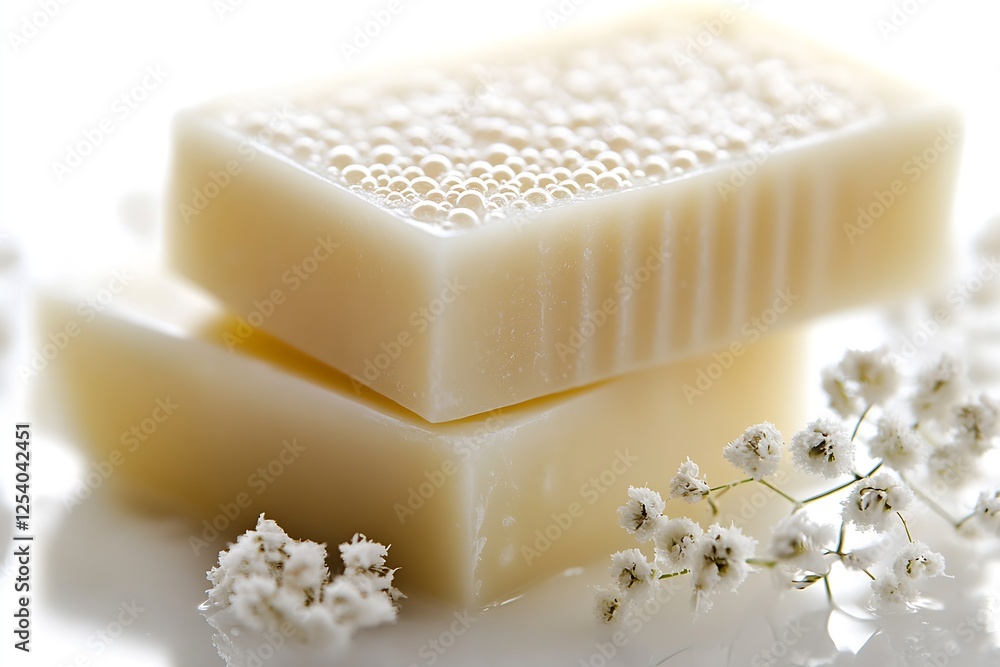Poster close-up of luxurious soap bars with bubbles and delicate floral accents on a serene background : ge