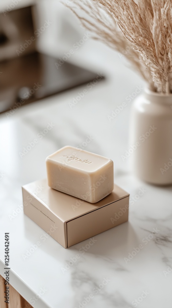 Poster luxurious bar soap and its elegant packaging placed on a stylish marble surface with minimal decor :
