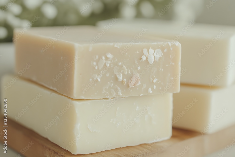 Poster Close up of three stacked soap bars showcasing a creamy texture and subtle natural inclusions on a wooden board : Generative AI
