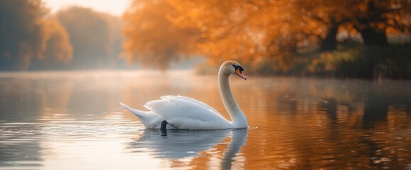 Fototapeta premium Majestic swan glides on calm autumn lake at sunrise, golden trees in background; nature scene
